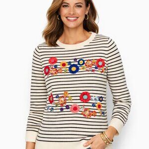 Talbots Floral Row Embellished Crewneck Sweater Size M Soft Classic Knit